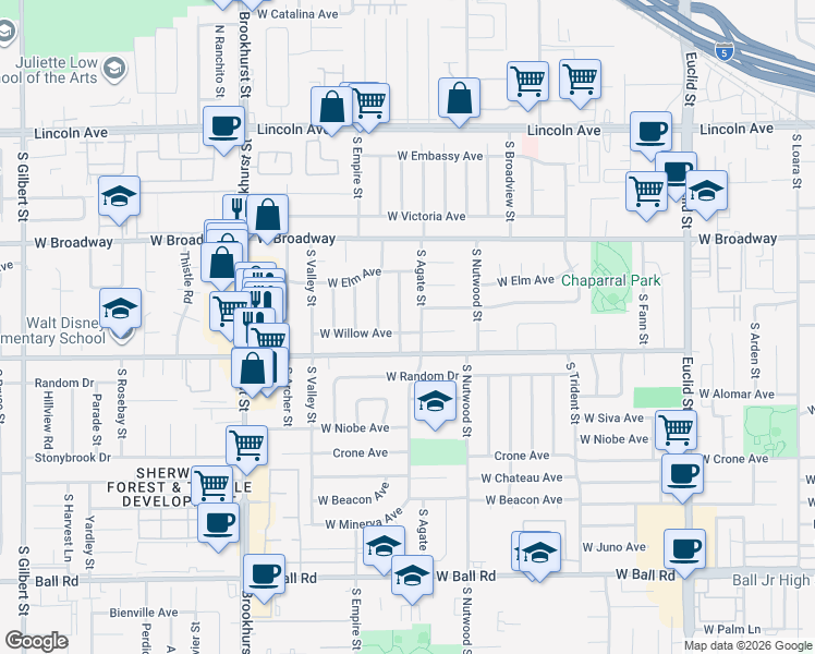 map of restaurants, bars, coffee shops, grocery stores, and more near 440 South Primrose Street in Anaheim