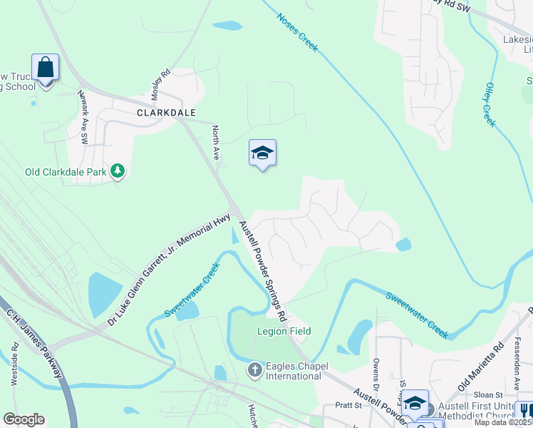 map of restaurants, bars, coffee shops, grocery stores, and more near 1040 Cureton Drive in Austell
