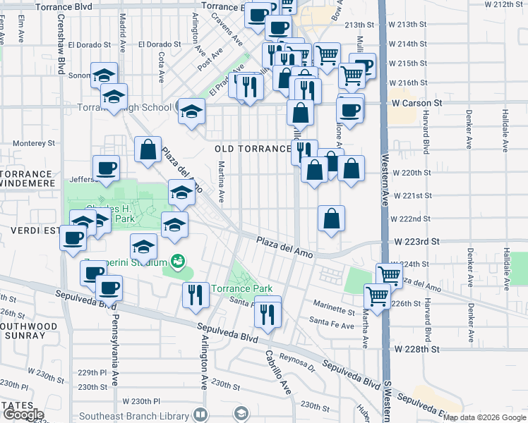 map of restaurants, bars, coffee shops, grocery stores, and more near 2204 Gramercy Avenue in Torrance
