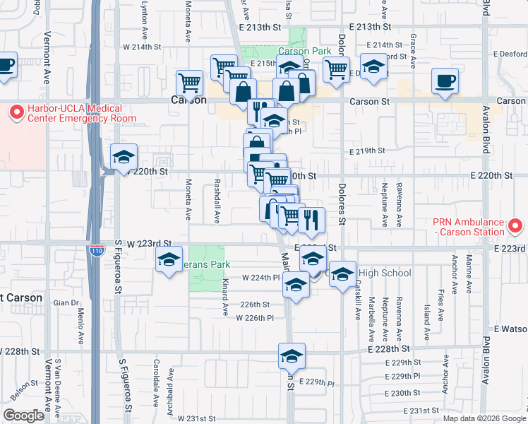 map of restaurants, bars, coffee shops, grocery stores, and more near 22125 South Main Street in Carson
