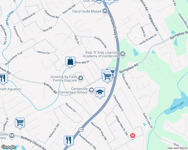 map of restaurants, bars, coffee shops, grocery stores, and more near 2936 Everson Ridge Court Southwest in Snellville