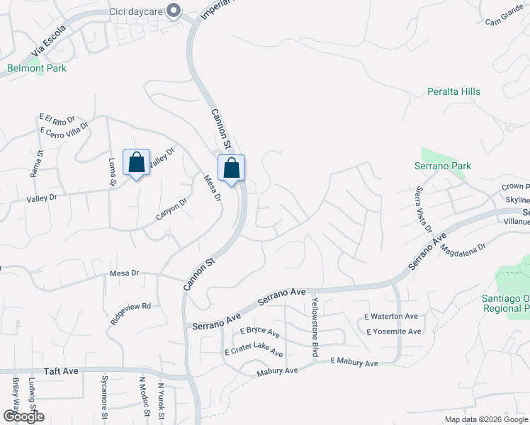 map of restaurants, bars, coffee shops, grocery stores, and more near 5908 East Lavender Court in Orange