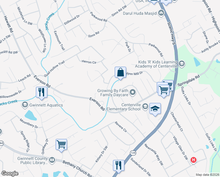 map of restaurants, bars, coffee shops, grocery stores, and more near 3302 Glynn Mill Drive in Snellville