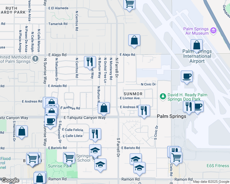 map of restaurants, bars, coffee shops, grocery stores, and more near 259 North Farrell Drive in Palm Springs