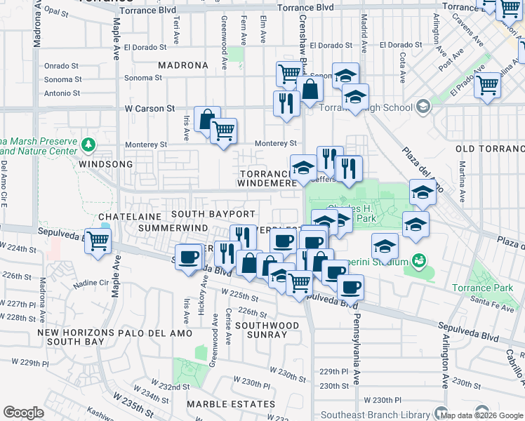 map of restaurants, bars, coffee shops, grocery stores, and more near 2128 Shelburne Way in Torrance