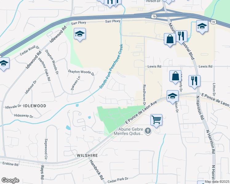 map of restaurants, bars, coffee shops, grocery stores, and more near 1534 Bassett Street in Stone Mountain