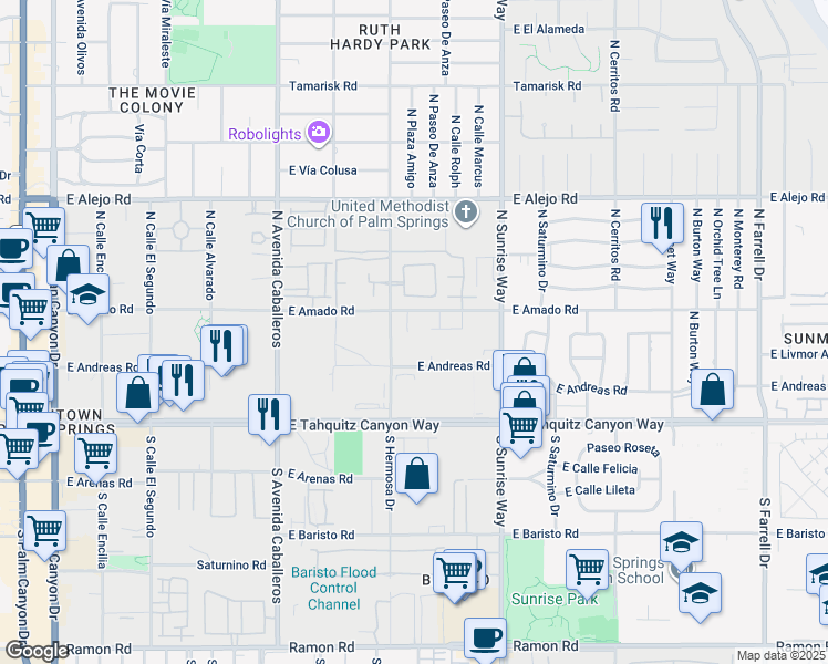map of restaurants, bars, coffee shops, grocery stores, and more near 1279 East Amado Road in Palm Springs