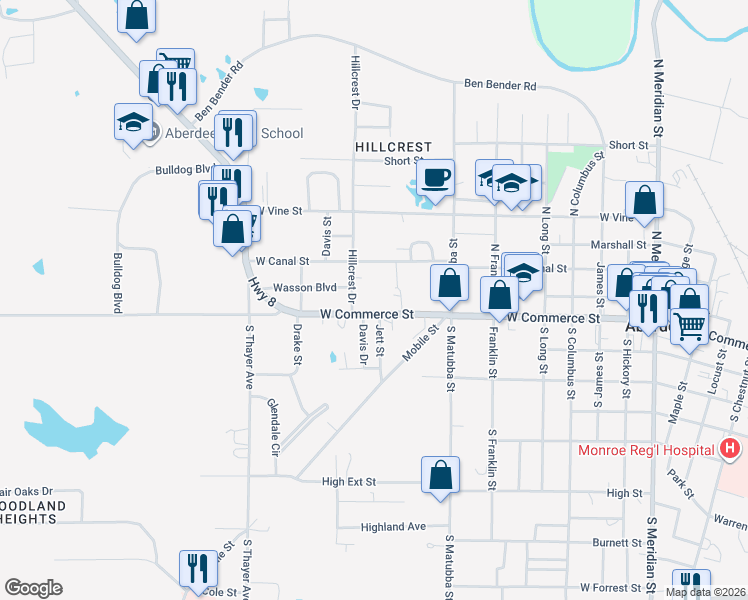 map of restaurants, bars, coffee shops, grocery stores, and more near 800 West Commerce Street in Aberdeen