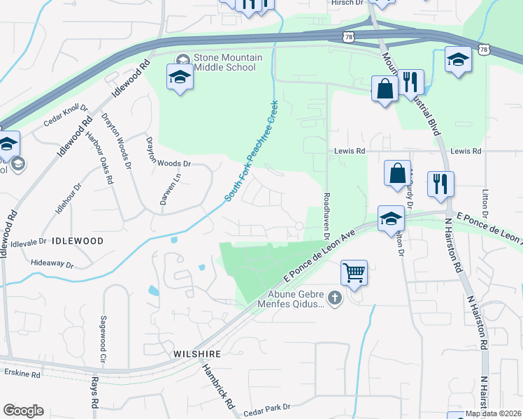map of restaurants, bars, coffee shops, grocery stores, and more near 4449 Watson Ridge Drive in Stone Mountain