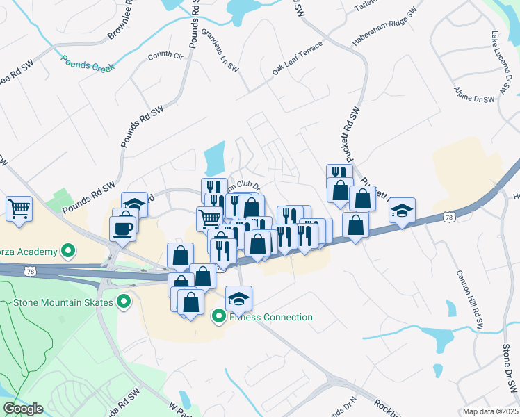 map of restaurants, bars, coffee shops, grocery stores, and more near 1935 Glenn Club Drive in Stone Mountain