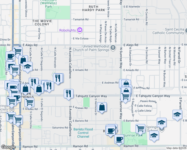 map of restaurants, bars, coffee shops, grocery stores, and more near in Palm Springs
