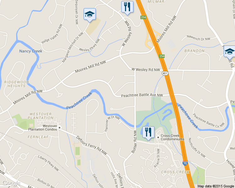 map of restaurants, bars, coffee shops, grocery stores, and more near 1343 Peachtree Battle Avenue Northwest in Atlanta
