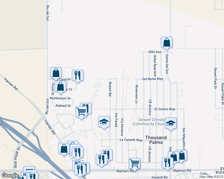 map of restaurants, bars, coffee shops, grocery stores, and more near 30680 Robert Road in Thousand Palms