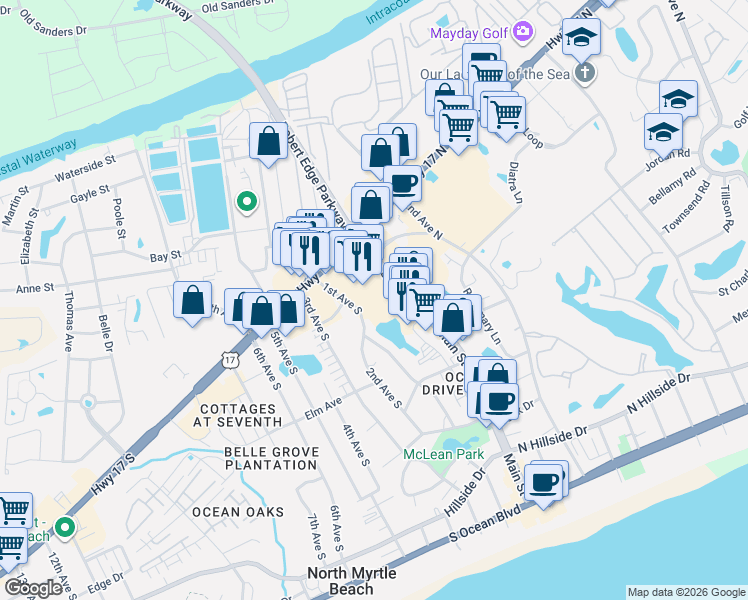 map of restaurants, bars, coffee shops, grocery stores, and more near 763 Main Street in North Myrtle Beach