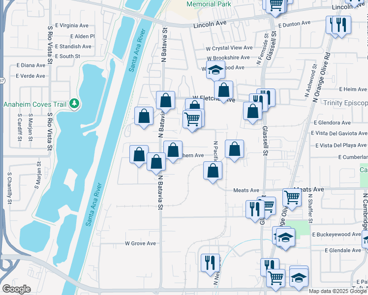 map of restaurants, bars, coffee shops, grocery stores, and more near 722 West Cully Drive in Orange