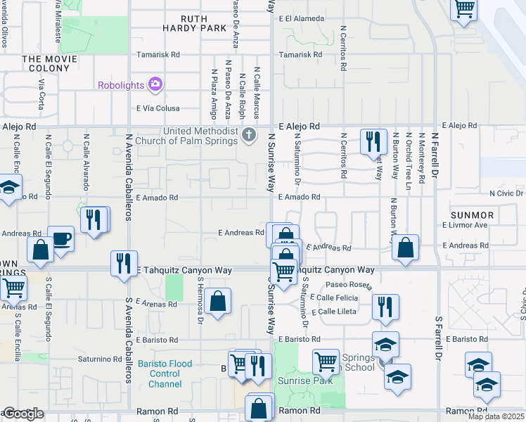 map of restaurants, bars, coffee shops, grocery stores, and more near 295 North Sunrise Way in Palm Springs