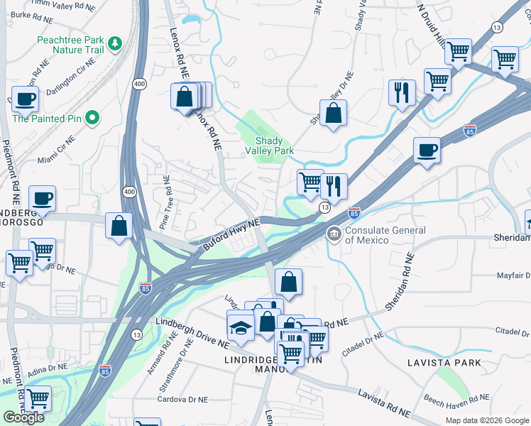 map of restaurants, bars, coffee shops, grocery stores, and more near 858 Stonehill Lane in Atlanta