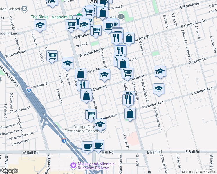 map of restaurants, bars, coffee shops, grocery stores, and more near 208 South West Street in Anaheim