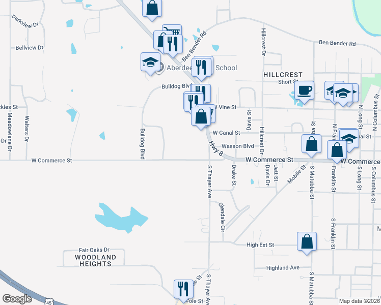 map of restaurants, bars, coffee shops, grocery stores, and more near 1007 West Commerce Street in Aberdeen