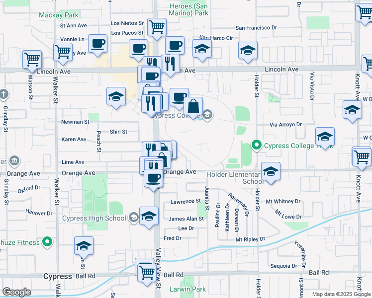 map of restaurants, bars, coffee shops, grocery stores, and more near College Circle Drive in Cypress
