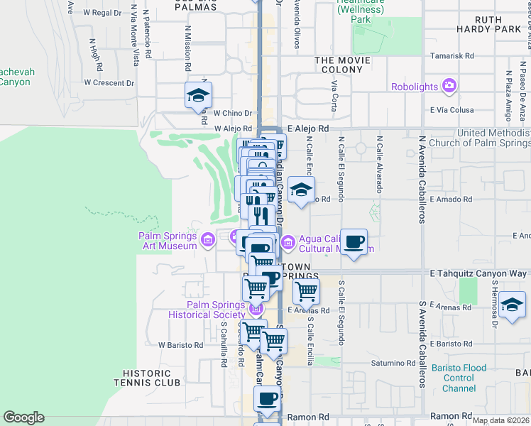map of restaurants, bars, coffee shops, grocery stores, and more near 285 North Palm Canyon Drive in Palm Springs