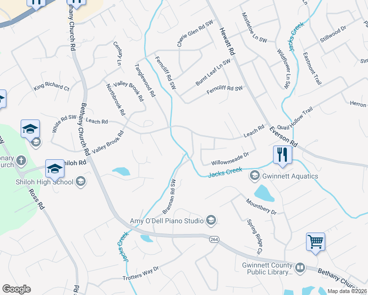 map of restaurants, bars, coffee shops, grocery stores, and more near 2633 Brannan Road Southwest in Snellville