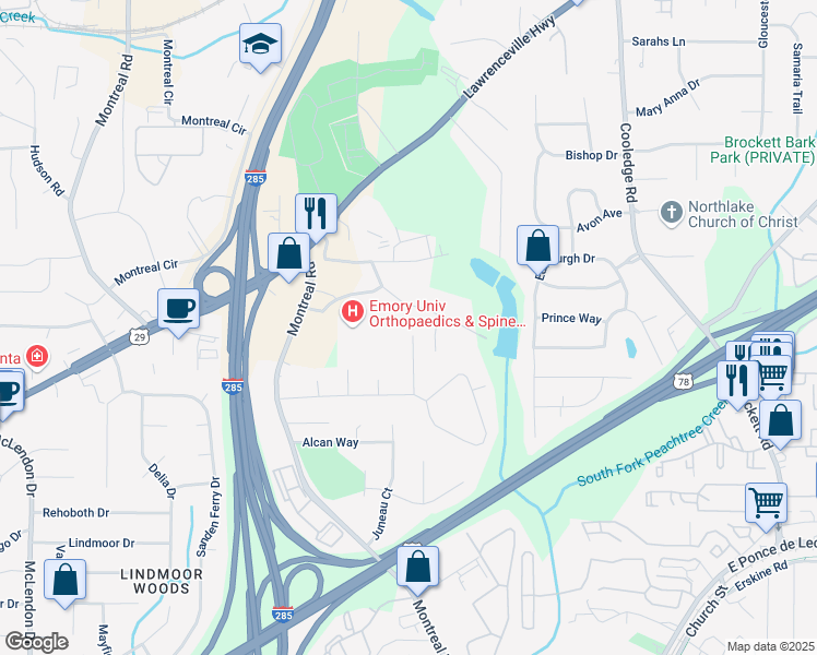 map of restaurants, bars, coffee shops, grocery stores, and more near 1536 Vancouver Drive in Tucker
