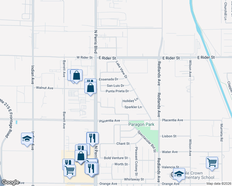 map of restaurants, bars, coffee shops, grocery stores, and more near 124 Punta Prieta Drive in Perris