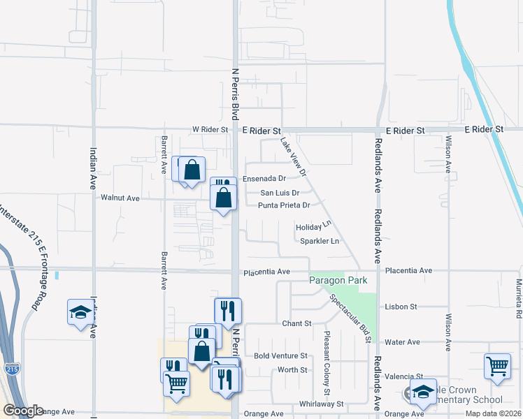 map of restaurants, bars, coffee shops, grocery stores, and more near 44 Punta Prieta Drive in Perris