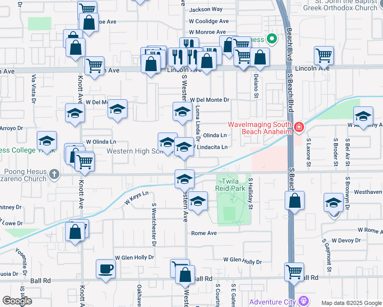 map of restaurants, bars, coffee shops, grocery stores, and more near 3178 West Lindacita Lane in Anaheim