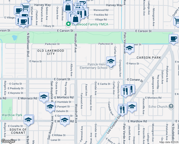 map of restaurants, bars, coffee shops, grocery stores, and more near 3752 Faust Avenue in Long Beach