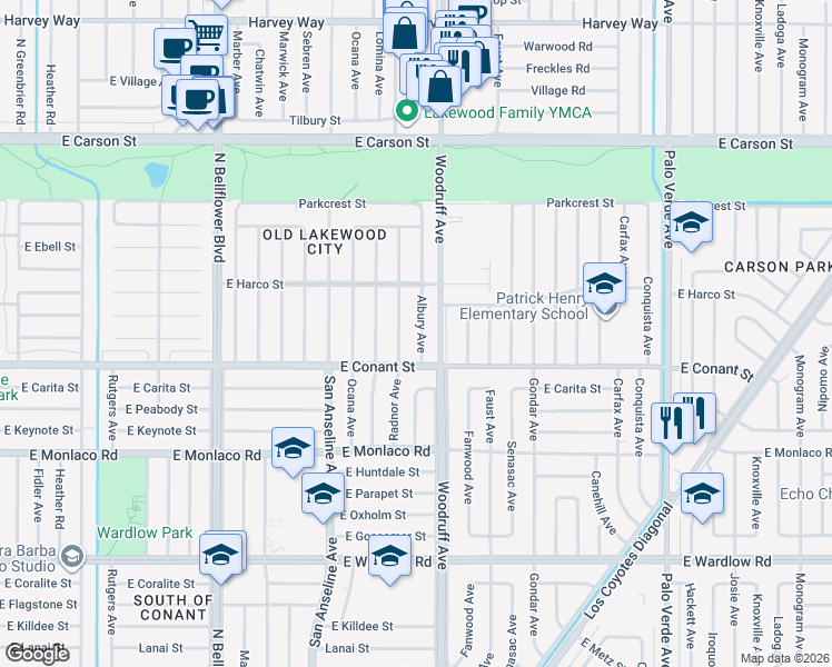 map of restaurants, bars, coffee shops, grocery stores, and more near 3749 Albury Avenue in Long Beach