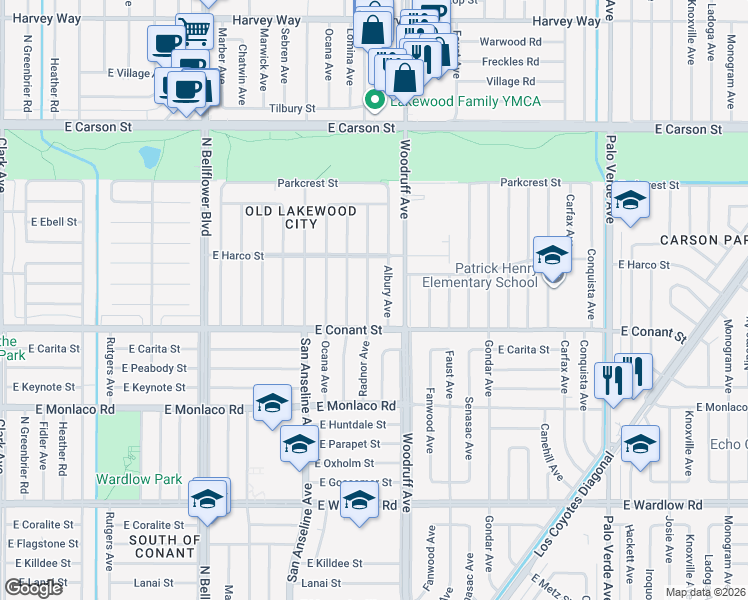 map of restaurants, bars, coffee shops, grocery stores, and more near 3749 Albury Avenue in Long Beach