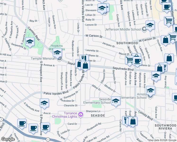 map of restaurants, bars, coffee shops, grocery stores, and more near 5118 Sepulveda Boulevard in Torrance