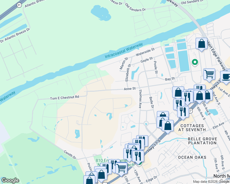 map of restaurants, bars, coffee shops, grocery stores, and more near 1014 Anne Street in North Myrtle Beach