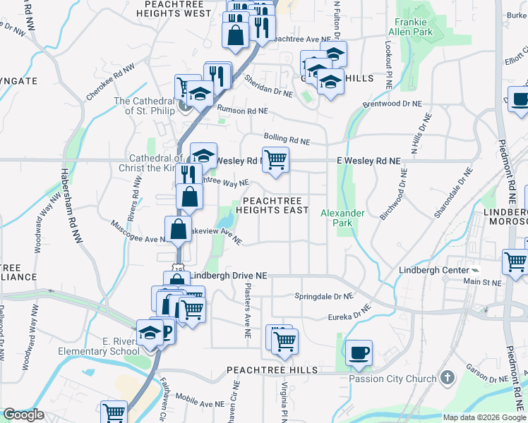 map of restaurants, bars, coffee shops, grocery stores, and more near 2630 Winslow Drive Northeast in Atlanta