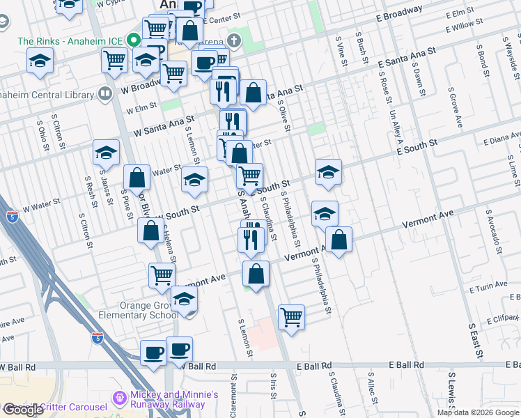 map of restaurants, bars, coffee shops, grocery stores, and more near 825 South Claudina Street in Anaheim