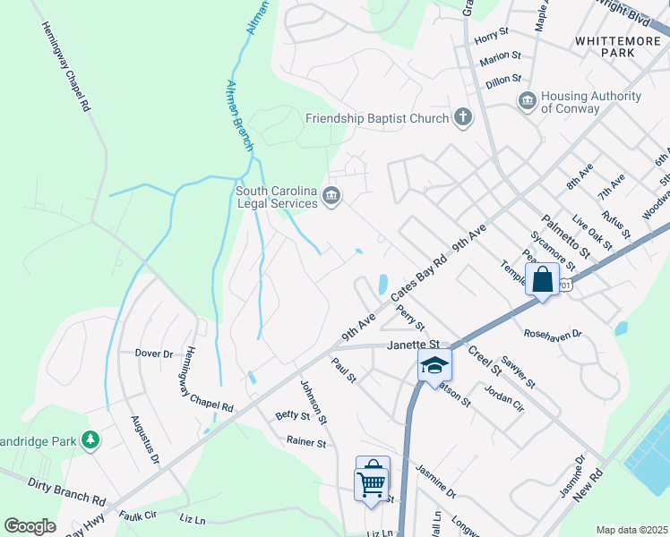 map of restaurants, bars, coffee shops, grocery stores, and more near Blackwood Drive in Conway