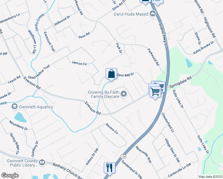 map of restaurants, bars, coffee shops, grocery stores, and more near 2840 Trotters Pointe Drive in Snellville