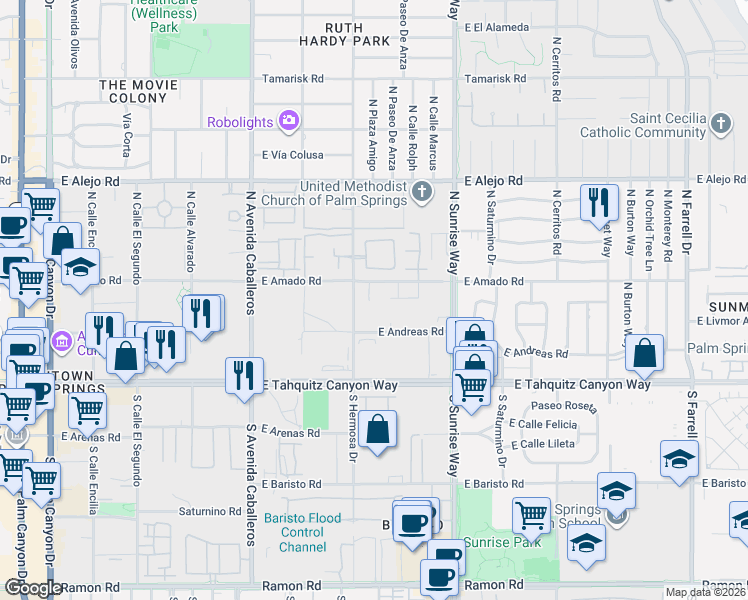 map of restaurants, bars, coffee shops, grocery stores, and more near 286 North Hermosa Drive in Palm Springs