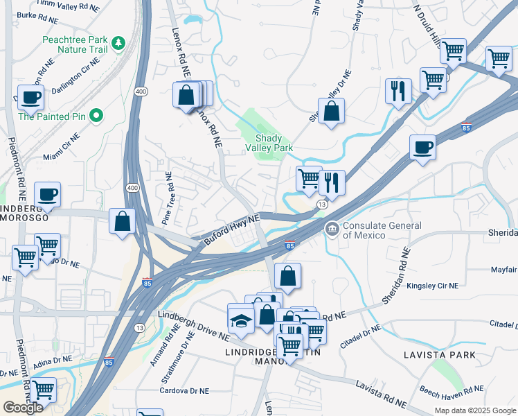 map of restaurants, bars, coffee shops, grocery stores, and more near 842 Stonehill Lane in Atlanta
