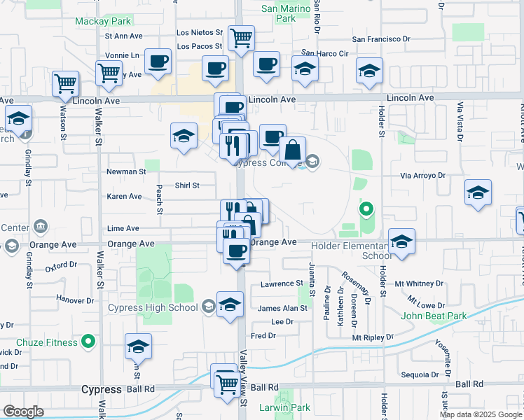 map of restaurants, bars, coffee shops, grocery stores, and more near 6011 Lemon Avenue in Cypress
