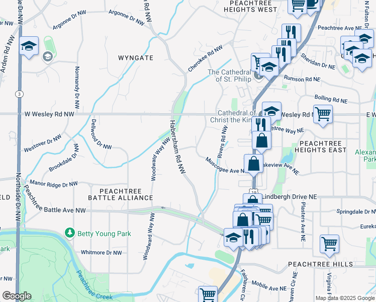 map of restaurants, bars, coffee shops, grocery stores, and more near 2 West Muscogee Avenue Northwest in Atlanta