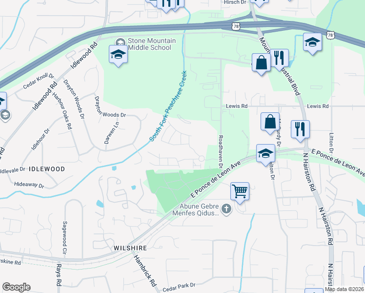 map of restaurants, bars, coffee shops, grocery stores, and more near 1534 Bassett Street in Stone Mountain