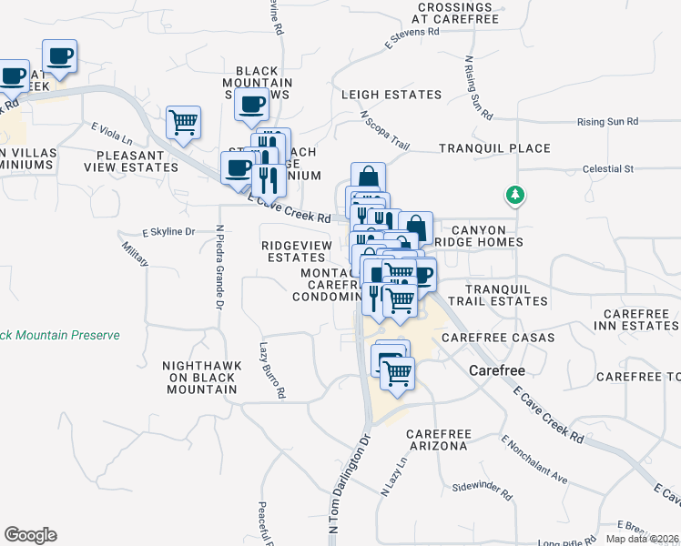 map of restaurants, bars, coffee shops, grocery stores, and more near 7200 East Ridgeview Place in Carefree