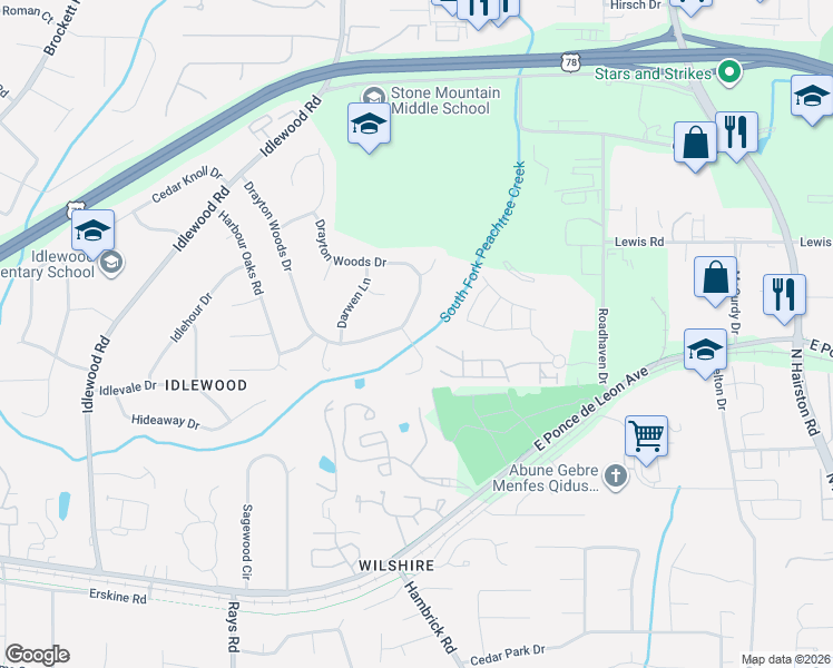 map of restaurants, bars, coffee shops, grocery stores, and more near 1424 Drayton Woods Drive in Tucker