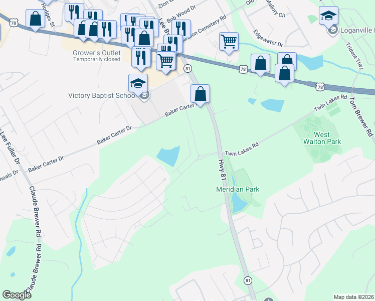 map of restaurants, bars, coffee shops, grocery stores, and more near 1121 Point Place Drive in Loganville