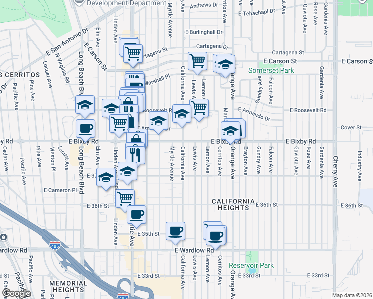 map of restaurants, bars, coffee shops, grocery stores, and more near in Long Beach