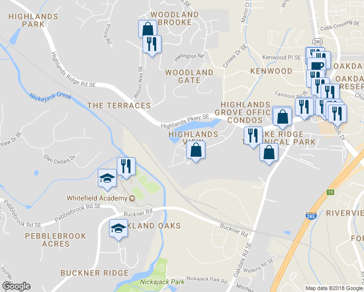 map of restaurants, bars, coffee shops, grocery stores, and more near 1730 Highlands View Drive in Smyrna