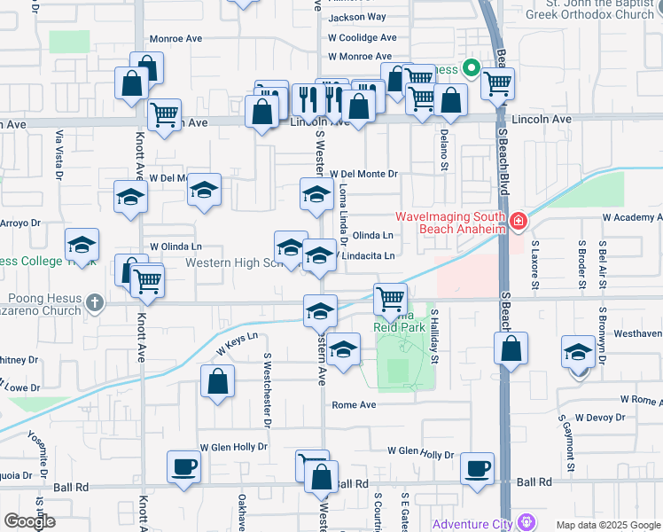 map of restaurants, bars, coffee shops, grocery stores, and more near 3178 West Lindacita Lane in Anaheim